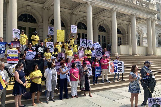 State Assemblymember Jessica González-Rojas of Queens speaks at the New York Immigration Coalition rally calling on city, state, and federal government to boost funding for newly arrived asylum seekers bussed in from Texas.
